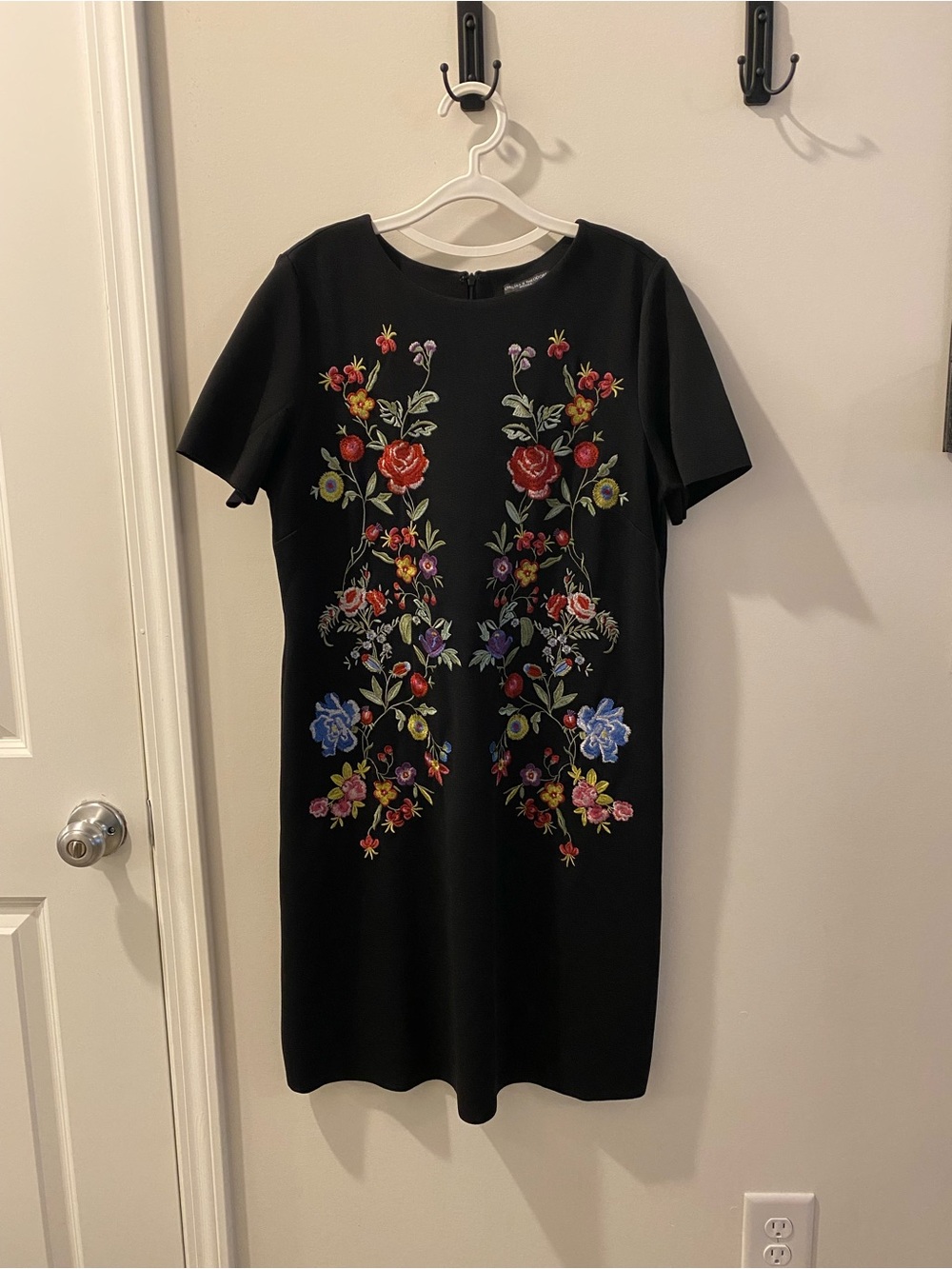 Chelsea & Theodore Black Mini Dress with Multicolor Floral Embroidery